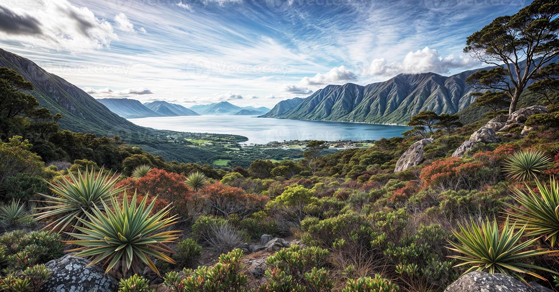 The view from the top of a mountain overlooking a lake and mountains photo