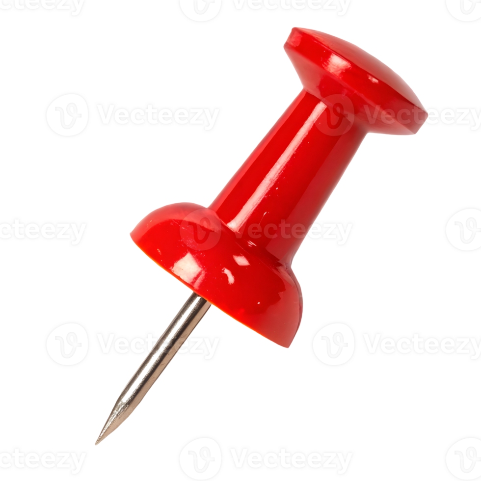Bright red push pin stands upright showcasing its design and functionality for office use, isolated on transparent background png