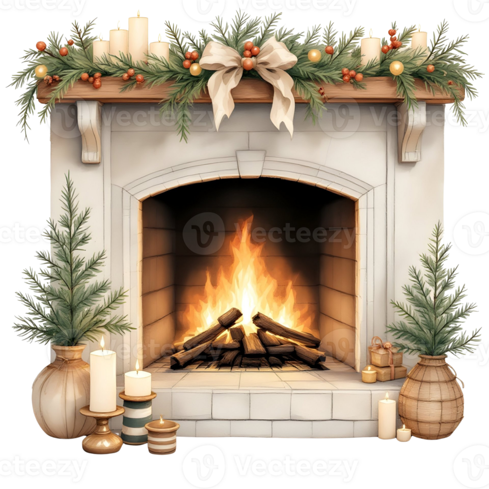 Fireplace with candles and wreaths on it png