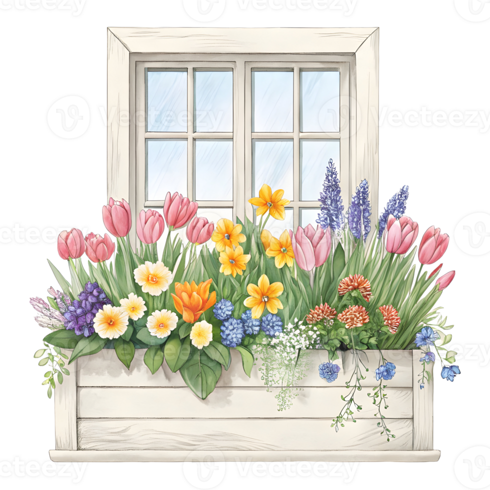 Beautiful flower box overflowing with tulips and daisies beneath a sunny window png