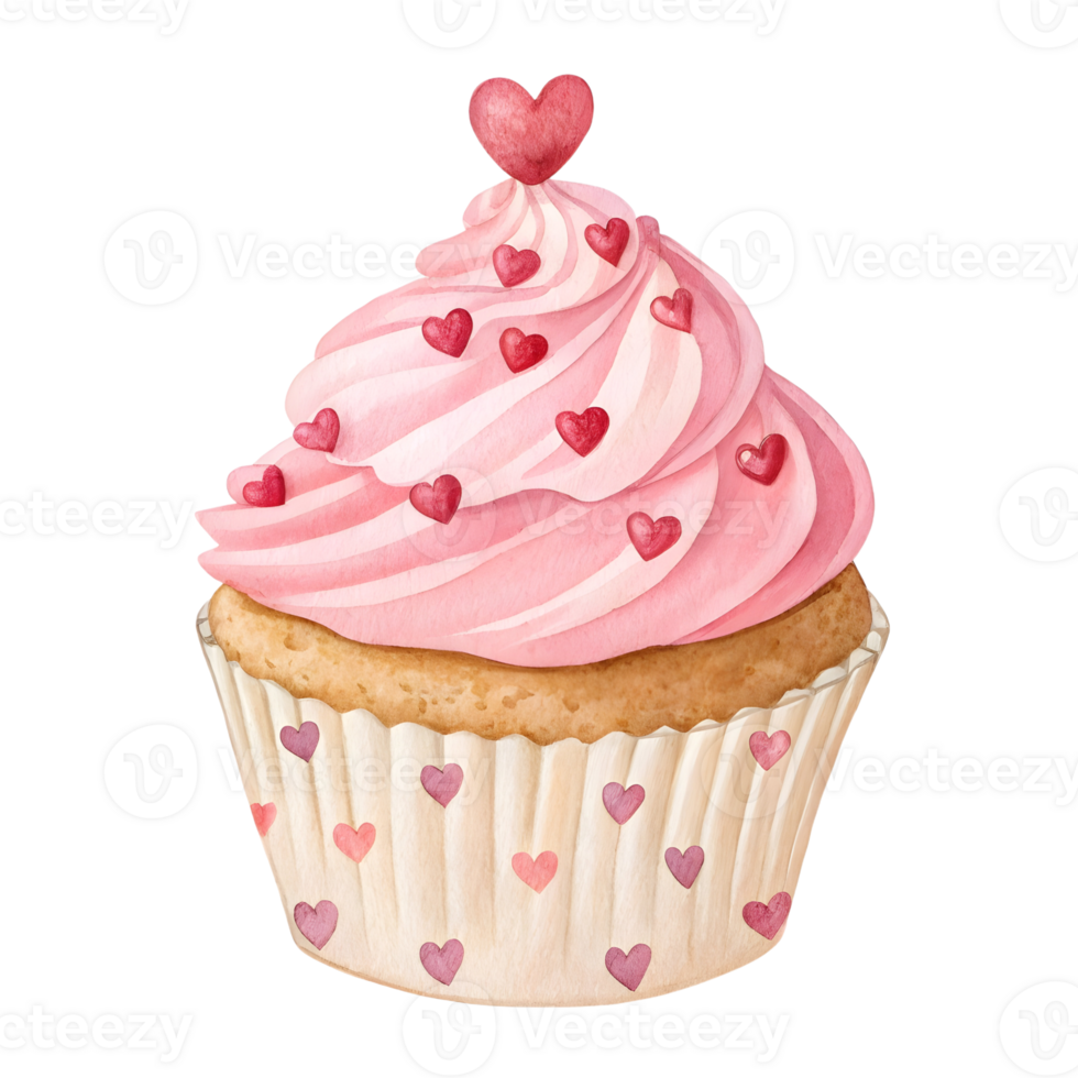 Sweet cupcake with pink frosting and heart decorations for special occasions or celebrations png