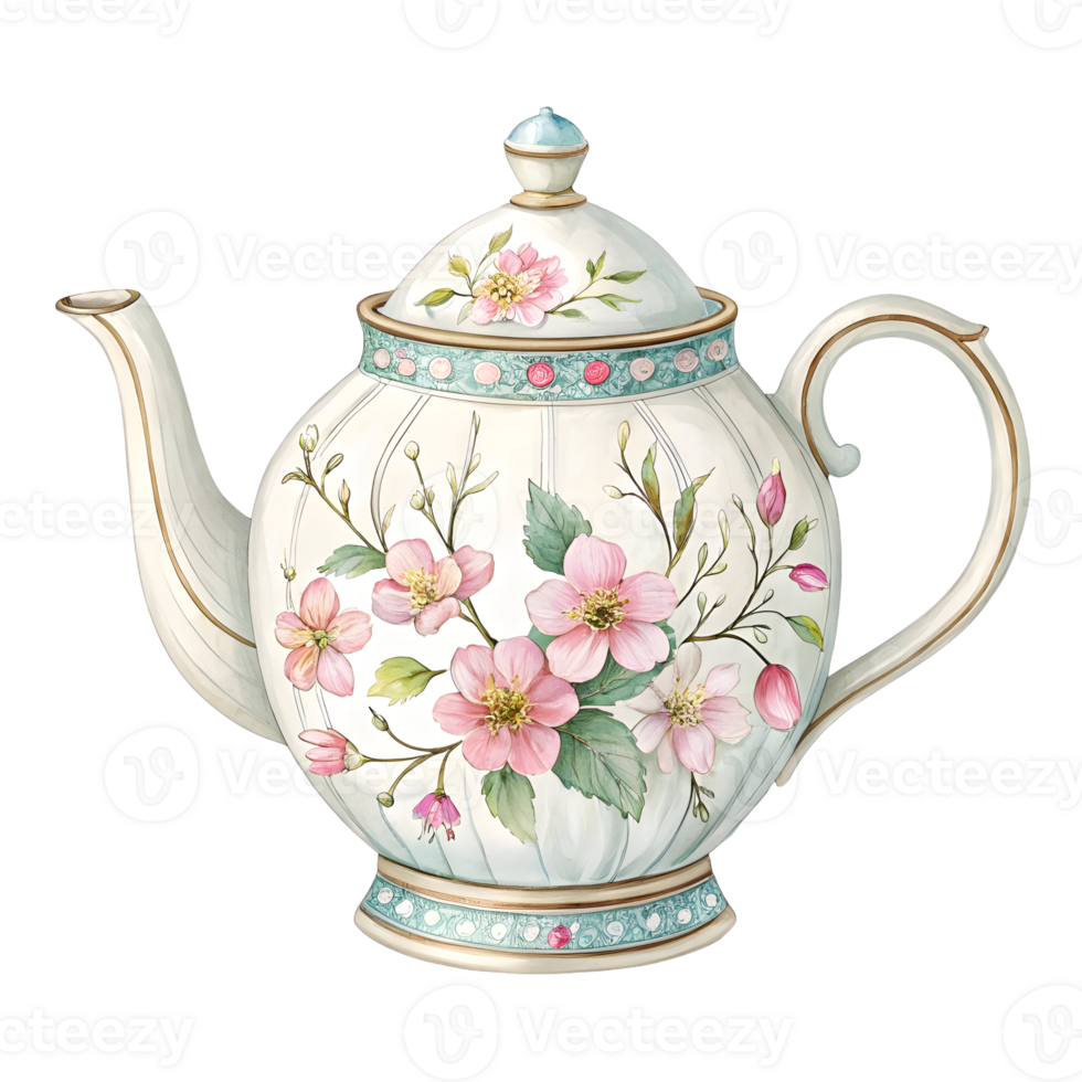 Elegant floral teapot with delicate botanical illustrations showcasing intricate design and craftsmanship png