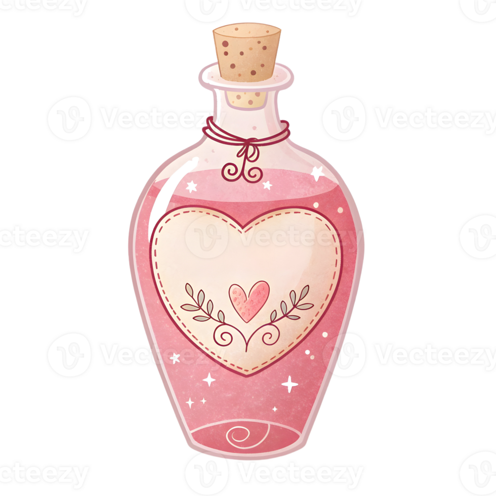 Creative illustration of a pink love potion bottle with a heart design and whimsical elements png