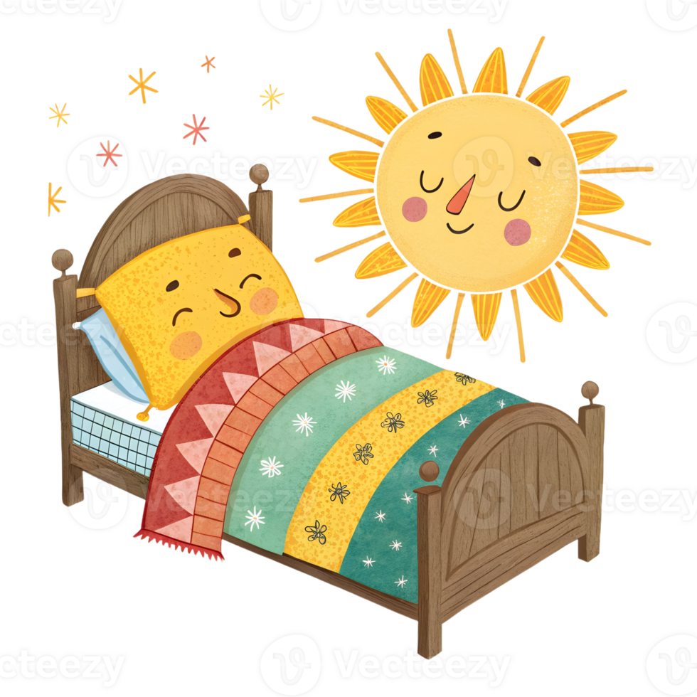 Happy sun shining down on a cozy bed with a smiling pillow and colorful quilt in a joyful bedroom setting png