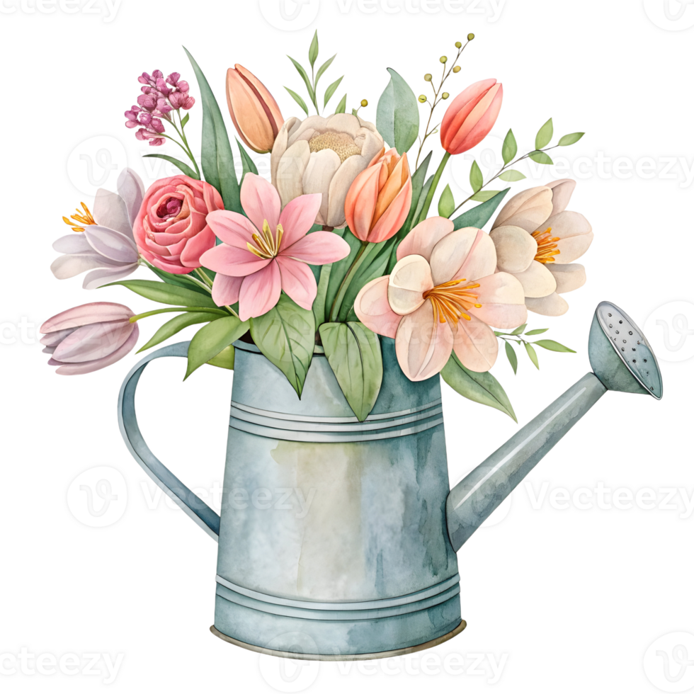 Beautiful bouquet of flowers arranged in a vintage watering can with a soft, artistic touch png