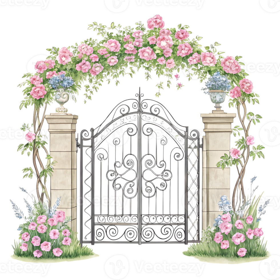 Iron Garden Gate With Flowering Arch and Floral Decorations Amidst Greenery png