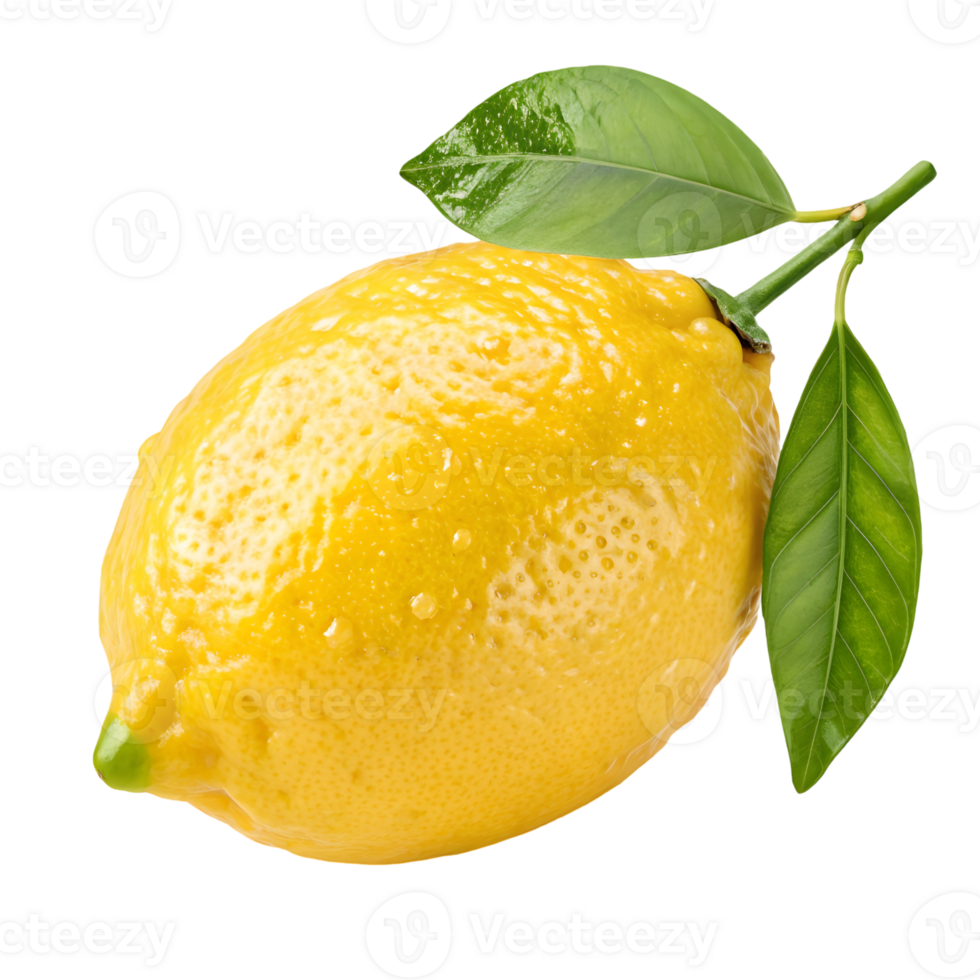 Freshly harvested lemon with green leaves showcasing vibrant yellow color and natural texture ,isolated on a transparent background png