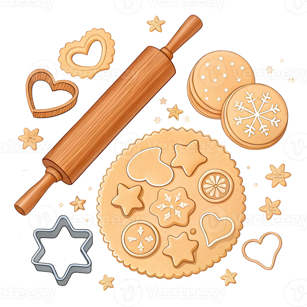 Holiday baking with rolling pin, cookie cutters and decorated cookies on a wooden surface png