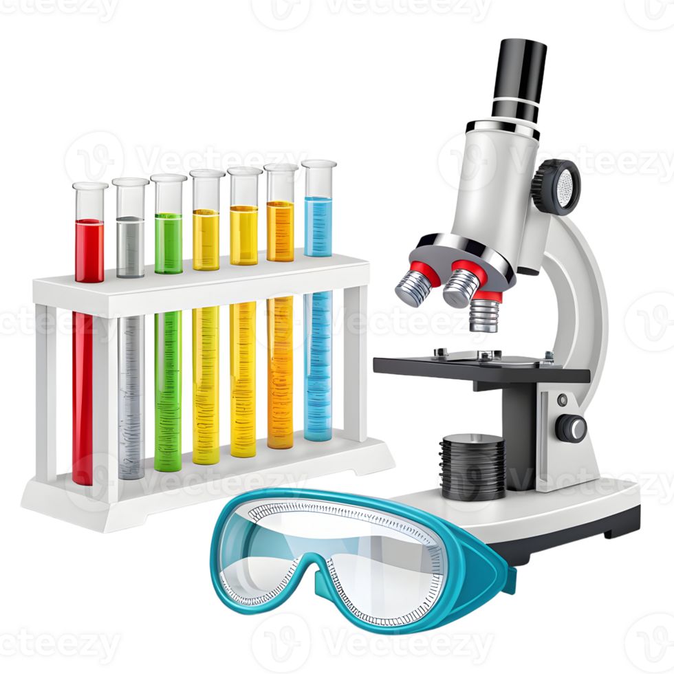 Laboratory setup with microscope and test tubes showcasing colorful liquids for a science experiment png