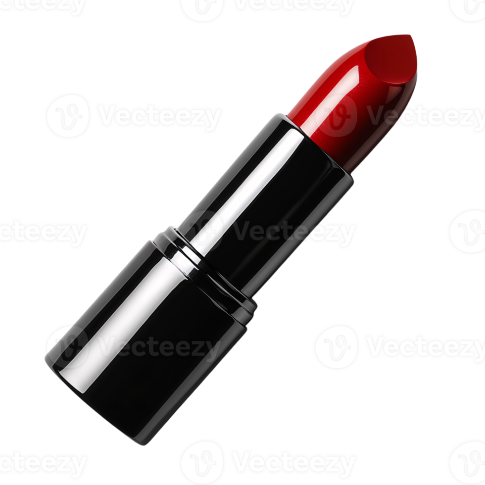Classic deep red lipstick in a shiny black tube, angled to emphasize its luxurious, smooth texture and elegant, bold color png