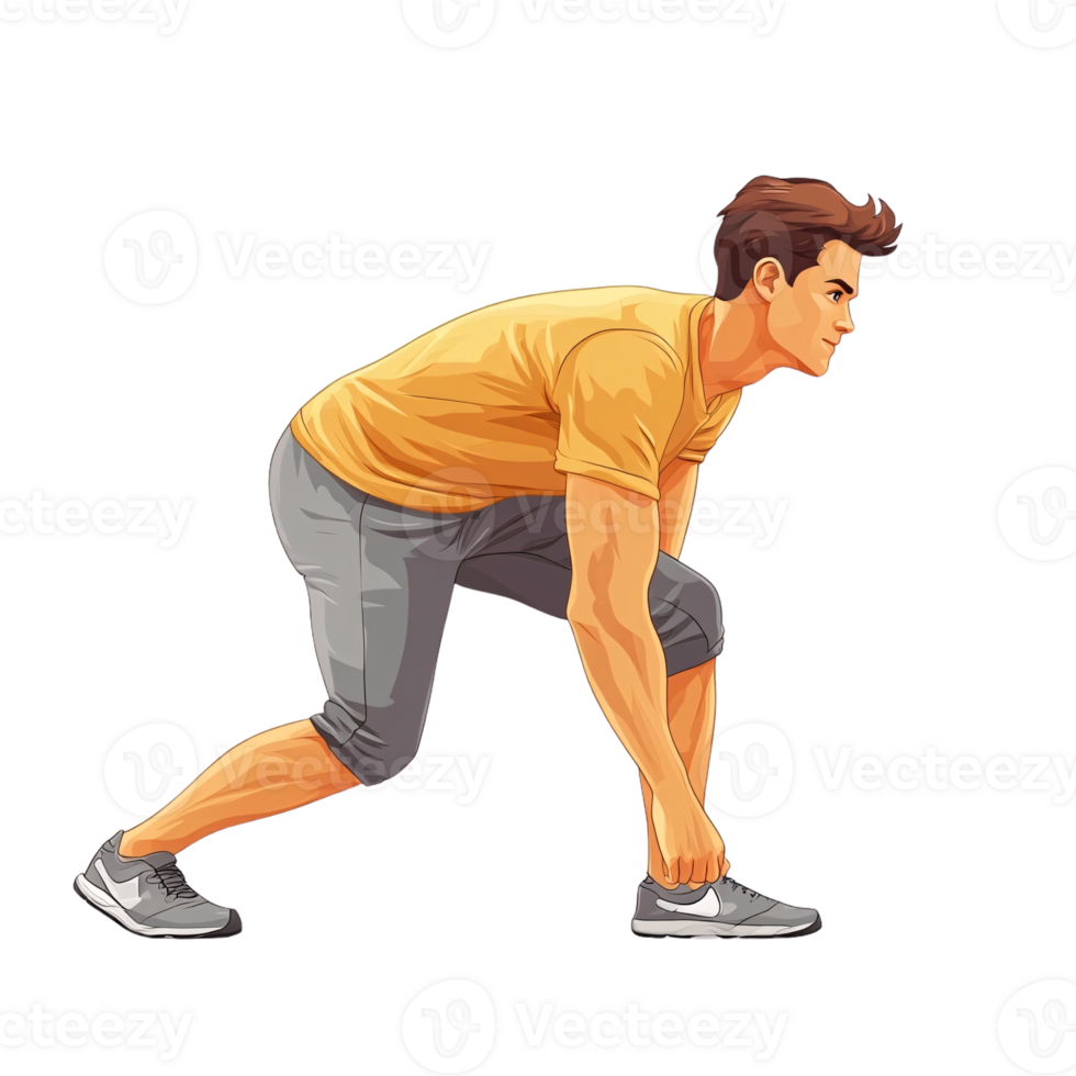 Athletic man in a yellow shirt and gray shorts, leaning forward, preparing for exercise with a focused expression and ready posture png