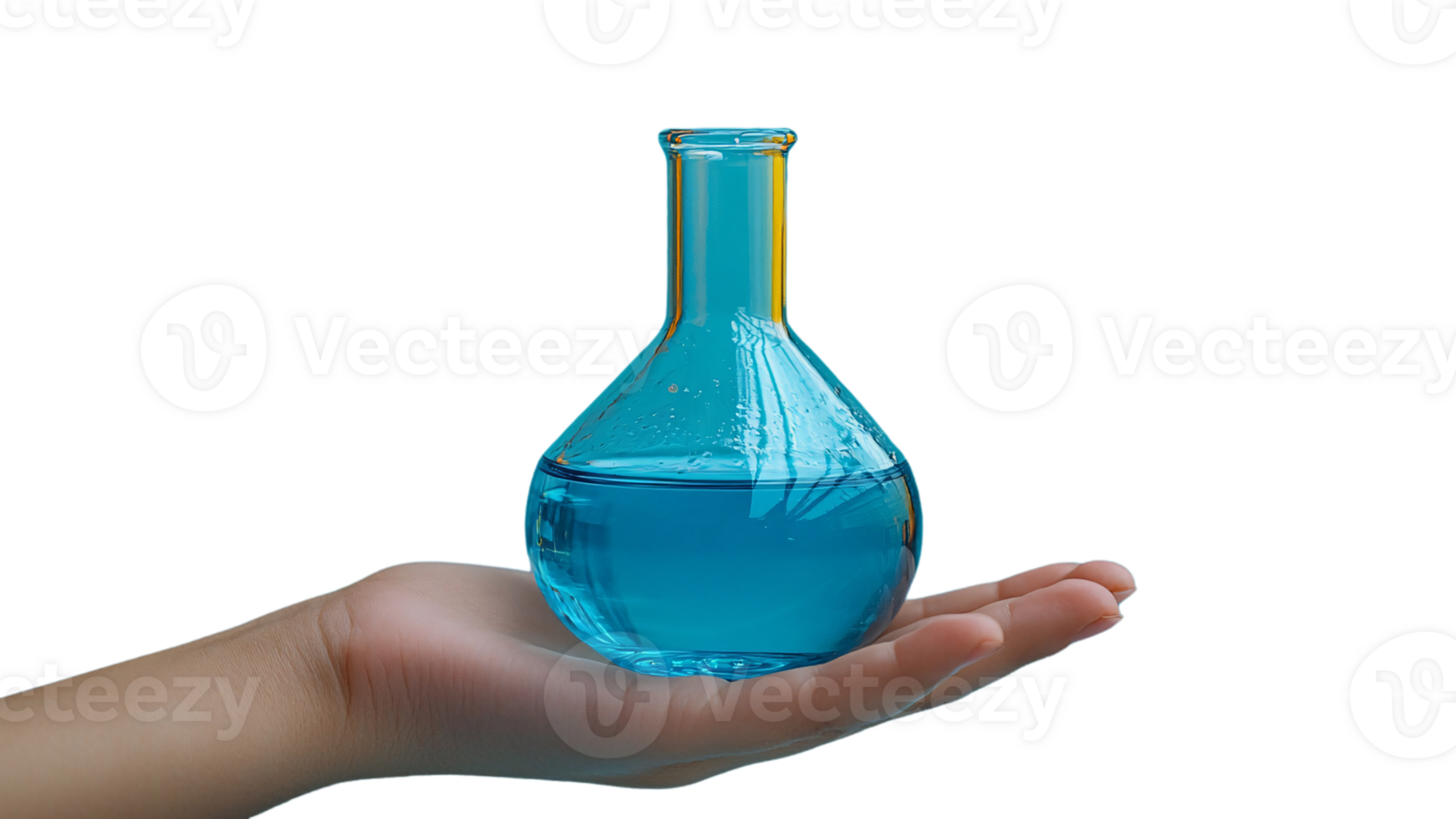 A hand holds a rounded beaker filled with blue liquid, symbolizing careful handling, scientific curiosity, and a sense of discovery png