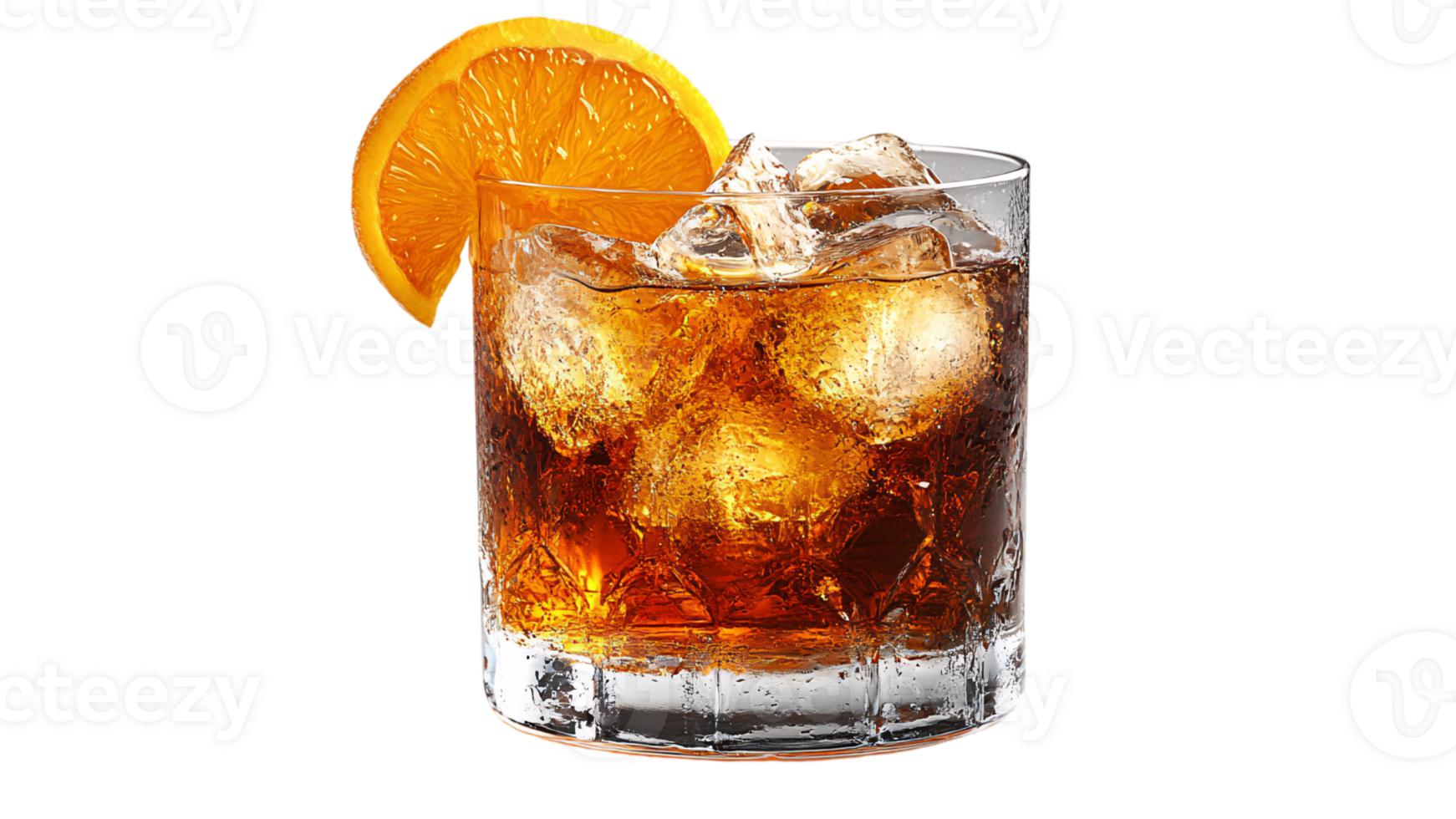 Short glass filled with whiskey over ice, garnished with a bright orange slice, capturing an evening cocktail's warmth and citrus zest png