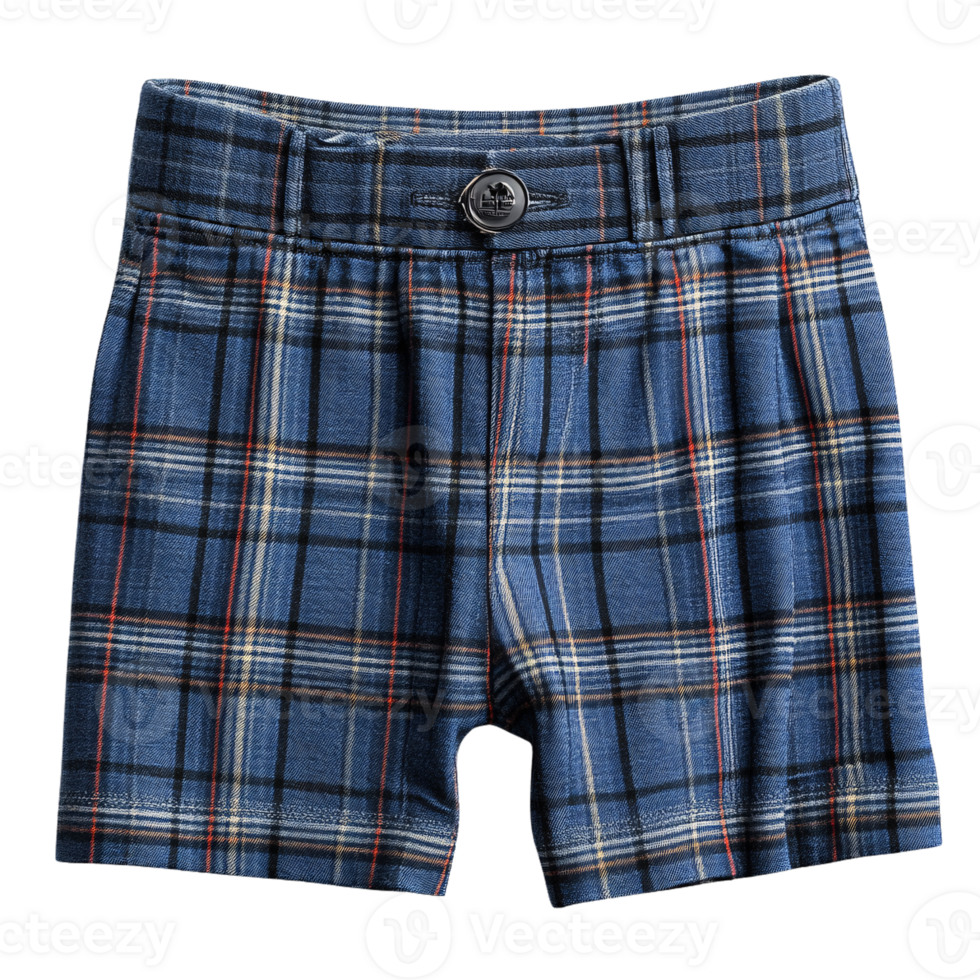 Blue shorts with a plaid pattern of fine red, white, and black lines, featuring a buttoned waistband for a tailored yet relaxed look png