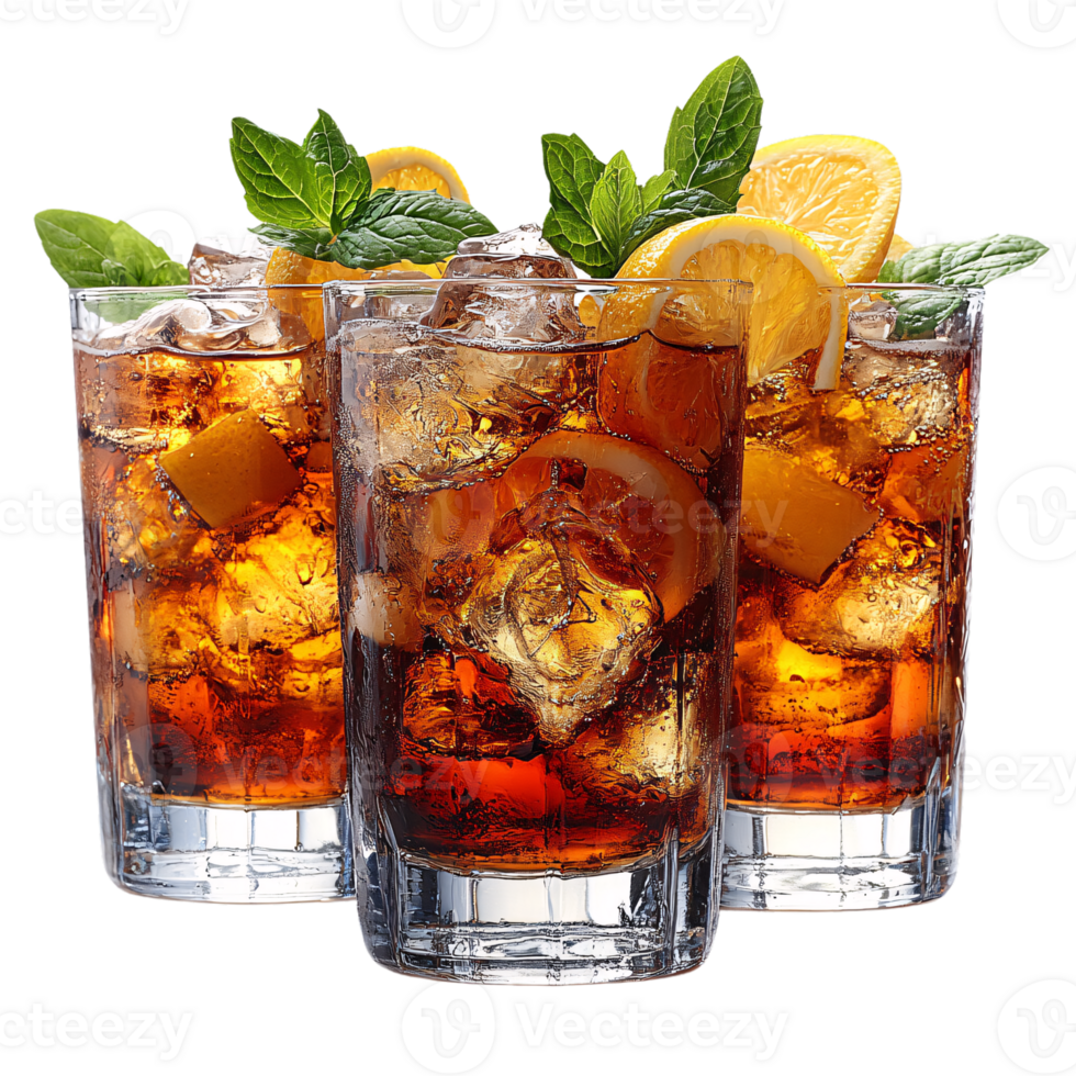 Trio of iced cocktails with amber liquid, garnished with mint leaves and orange slices, creating a refreshing and vibrant summer vibe png