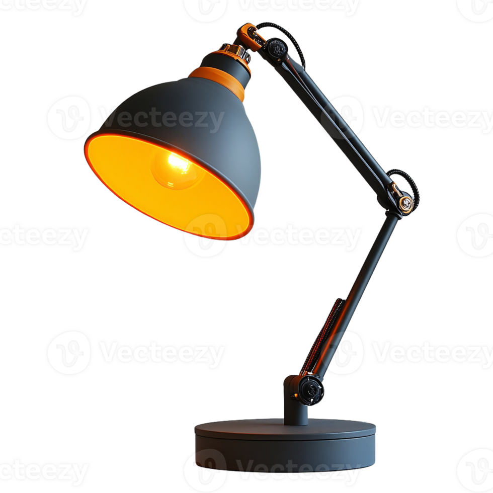 Black lamp with orange inner shade and adjustable arm. Retro yet modern, offering a warm, direct light for reading or tasks png