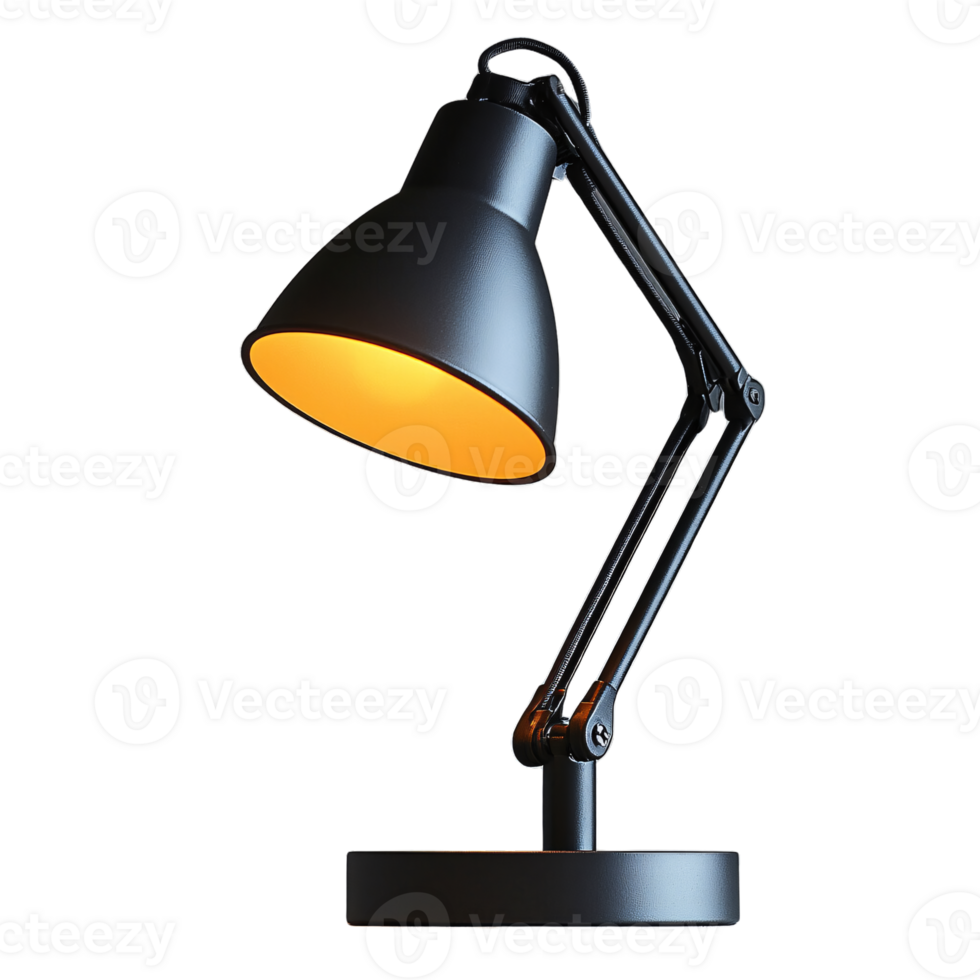 Robust desk lamp with black metal finish, pivoting arm, and industrial style. Functional and stylish, perfect for an office or studio png
