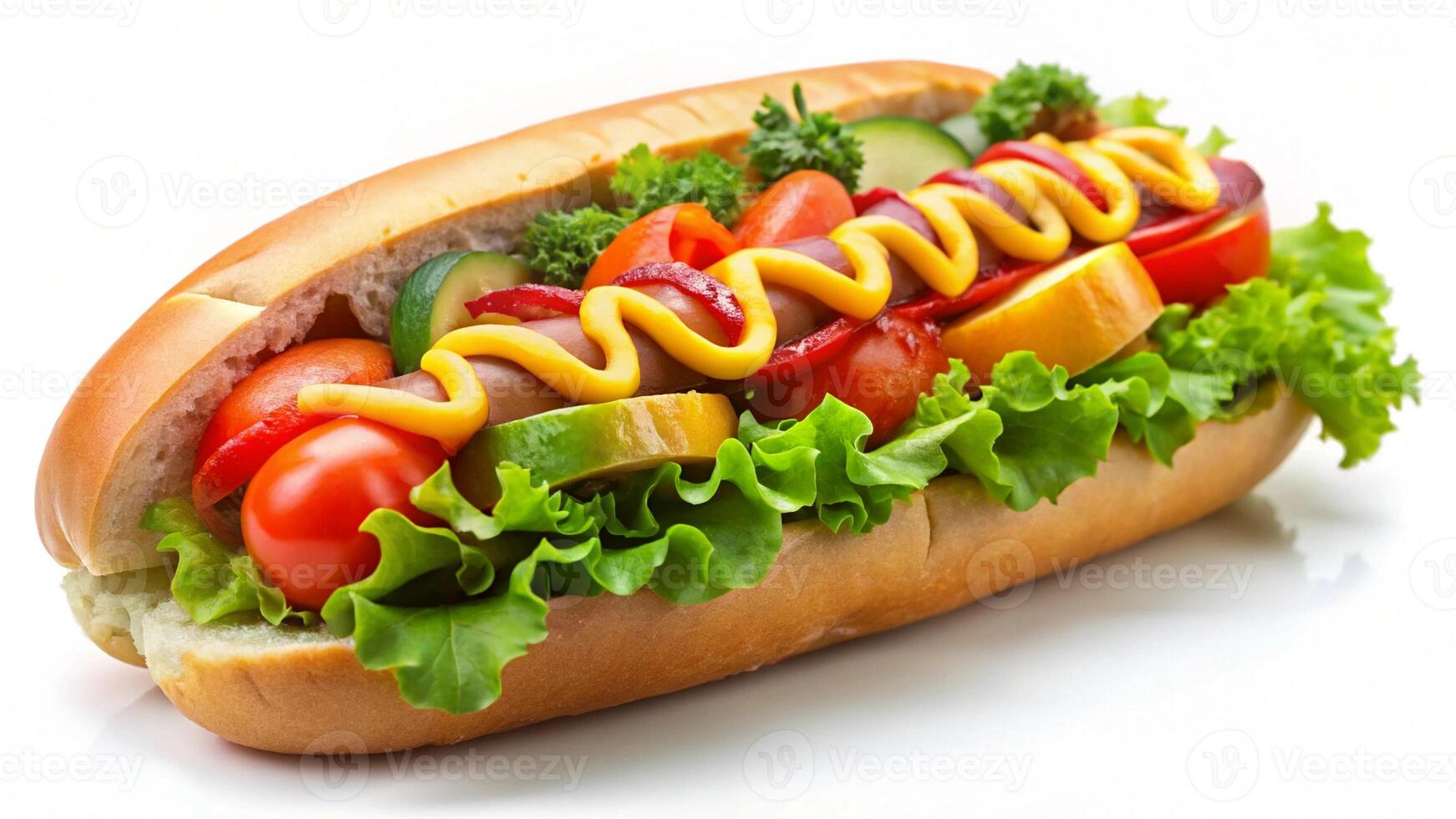 A hot dog with ketchup and vegetables on a bun photo