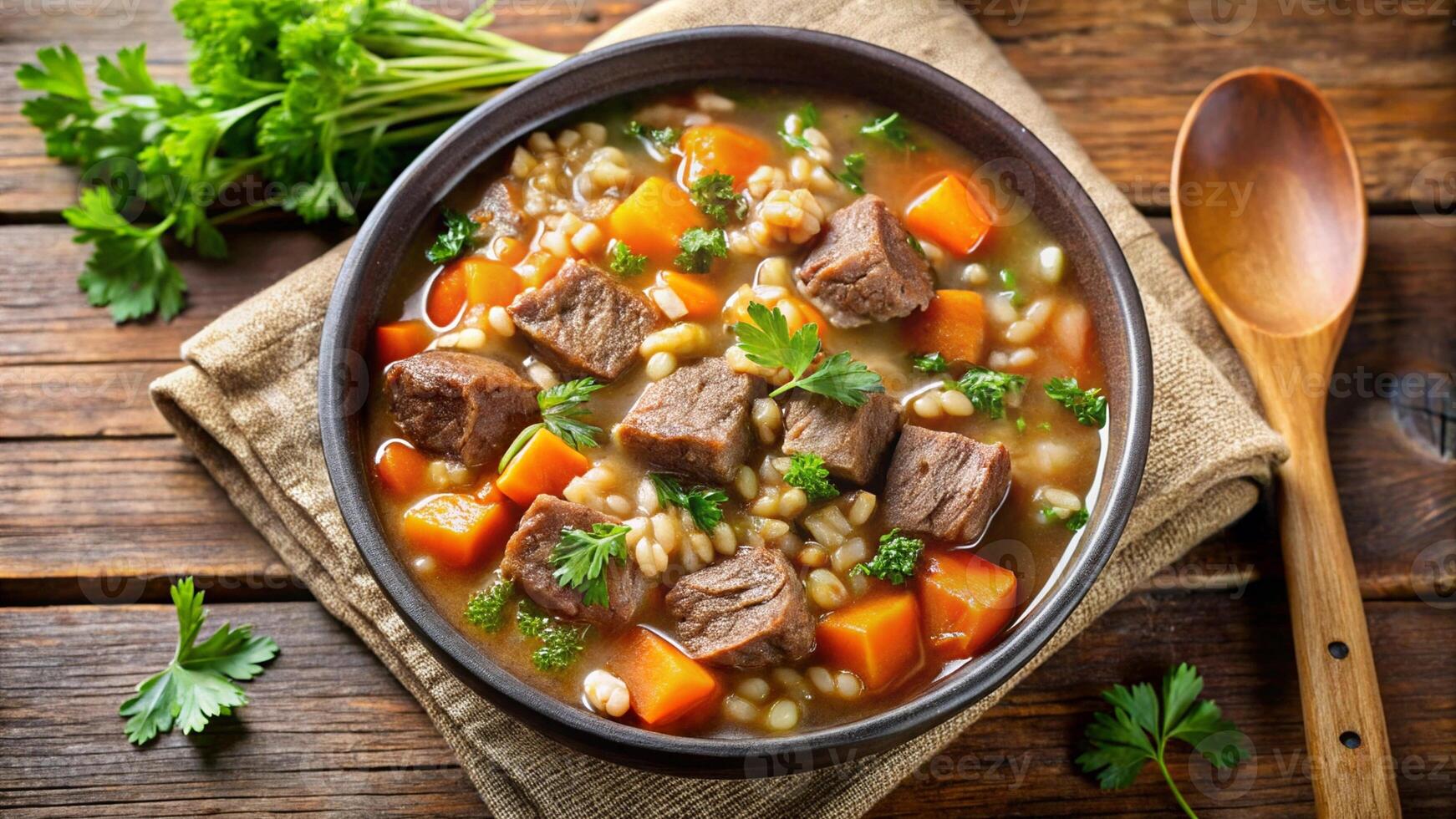 Beef stew with barley and vegetables photo