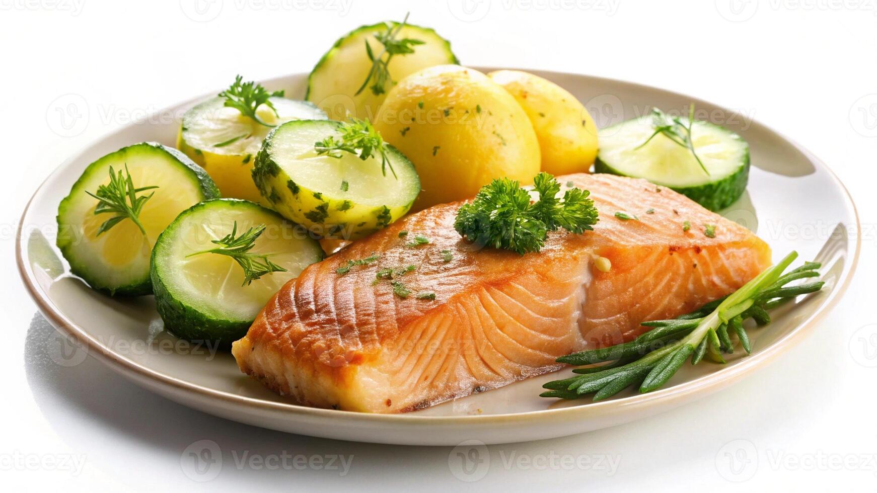 Salmon, potatoes and cucumbers on a plate photo