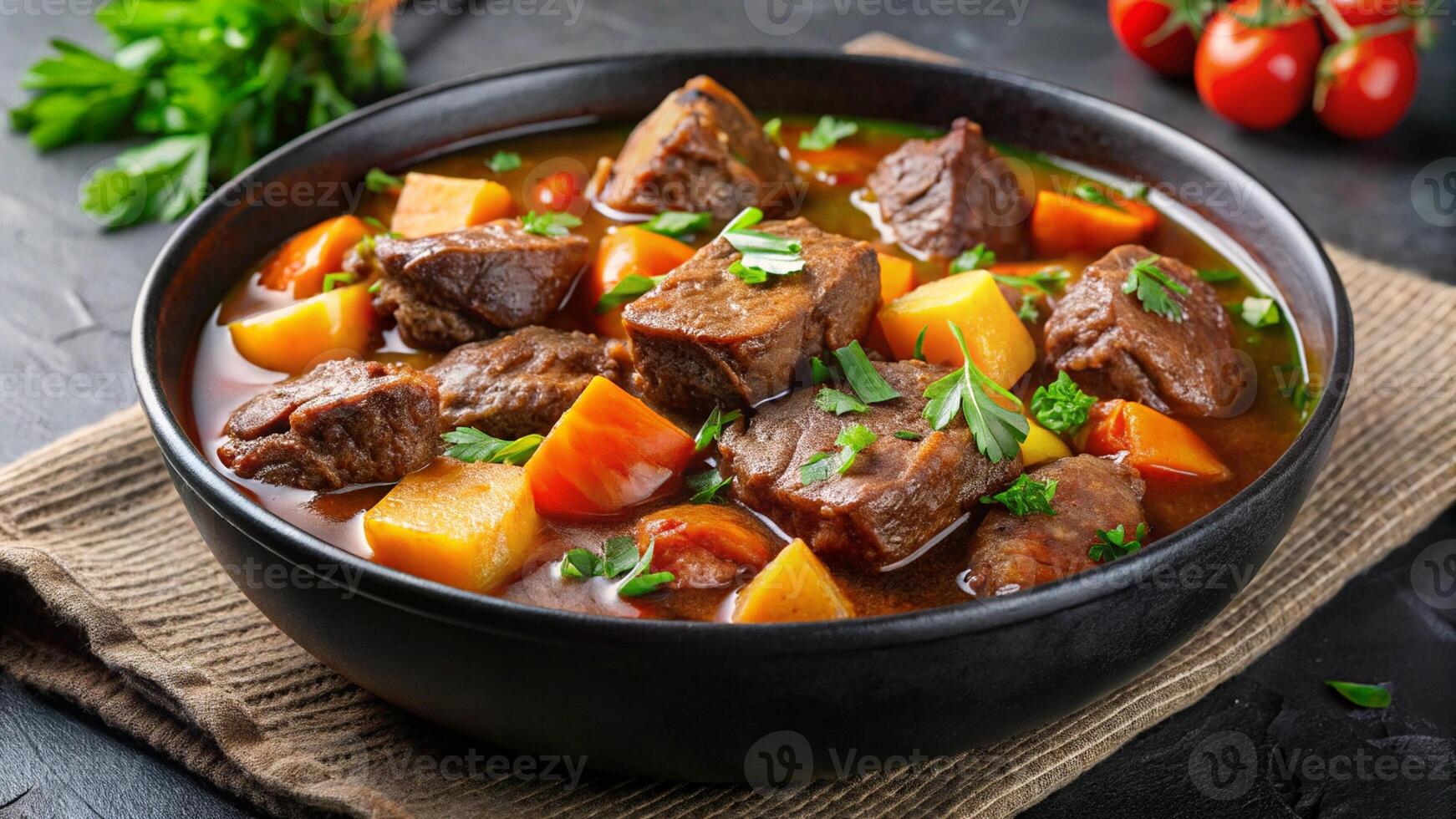 Beef stew with potatoes and carrots in a black bowl on a dark table photo