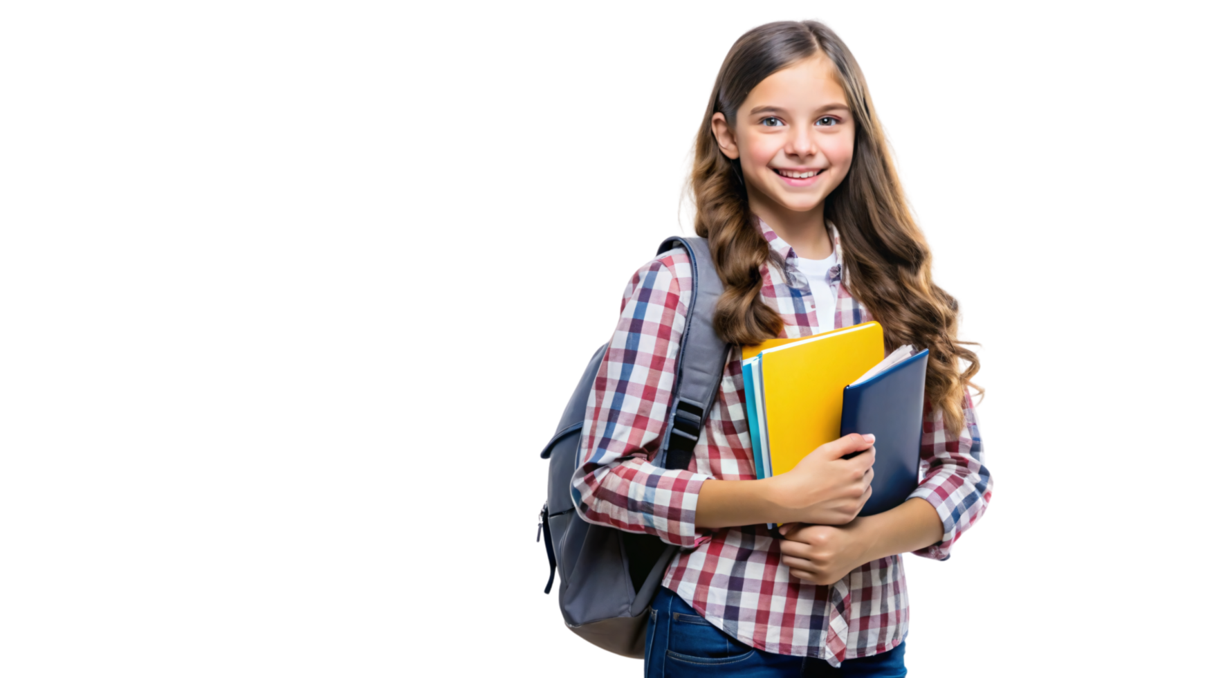 A girl in a plaid shirt, holding notebooks, smiles warmly, exuding enthusiasm and readiness for school or new learning experiences png