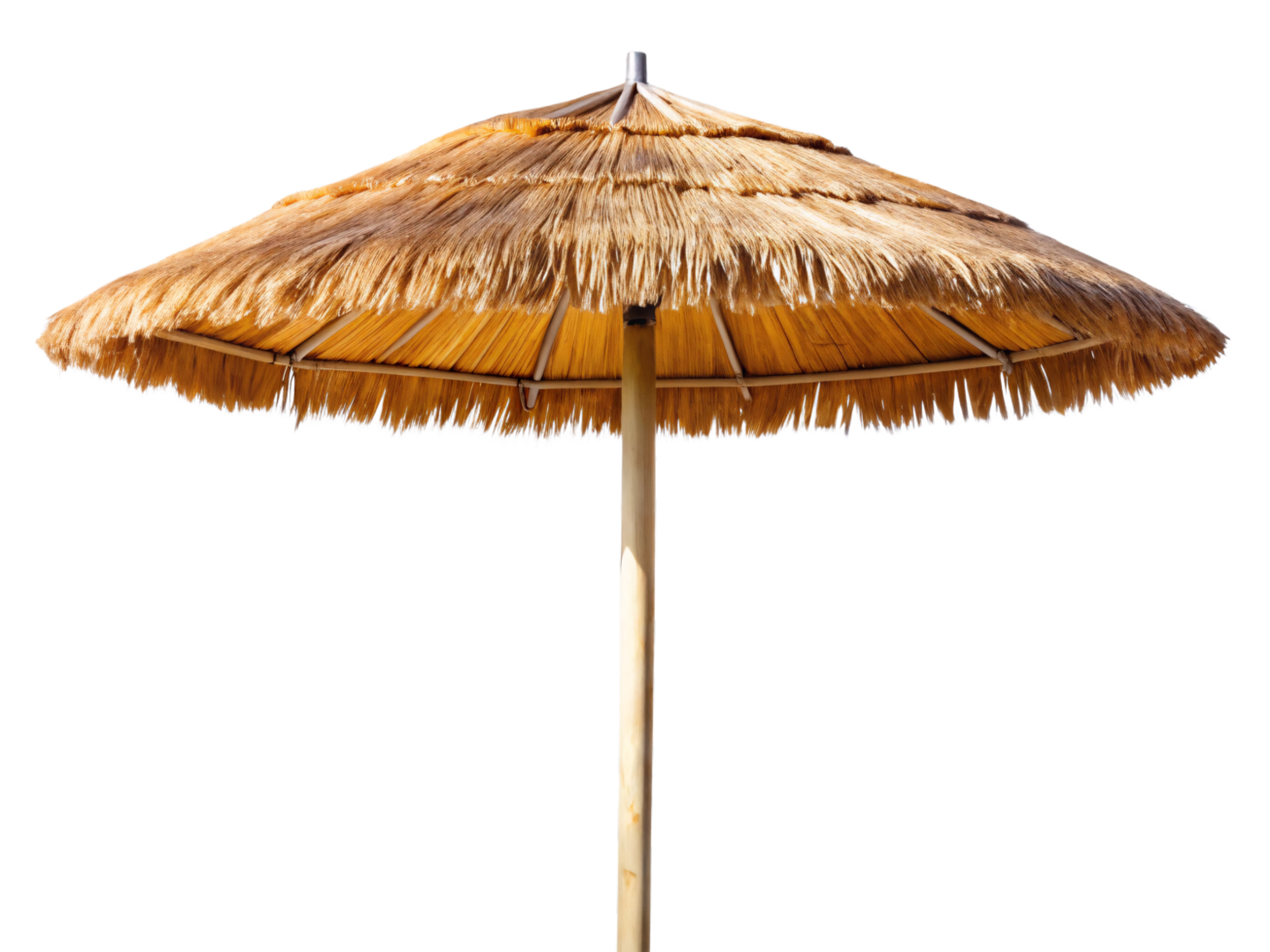 A rustic, tropical-style umbrella with a thatched straw roof, perfect for beachside relaxation, casting a warm shade under sunny skies png