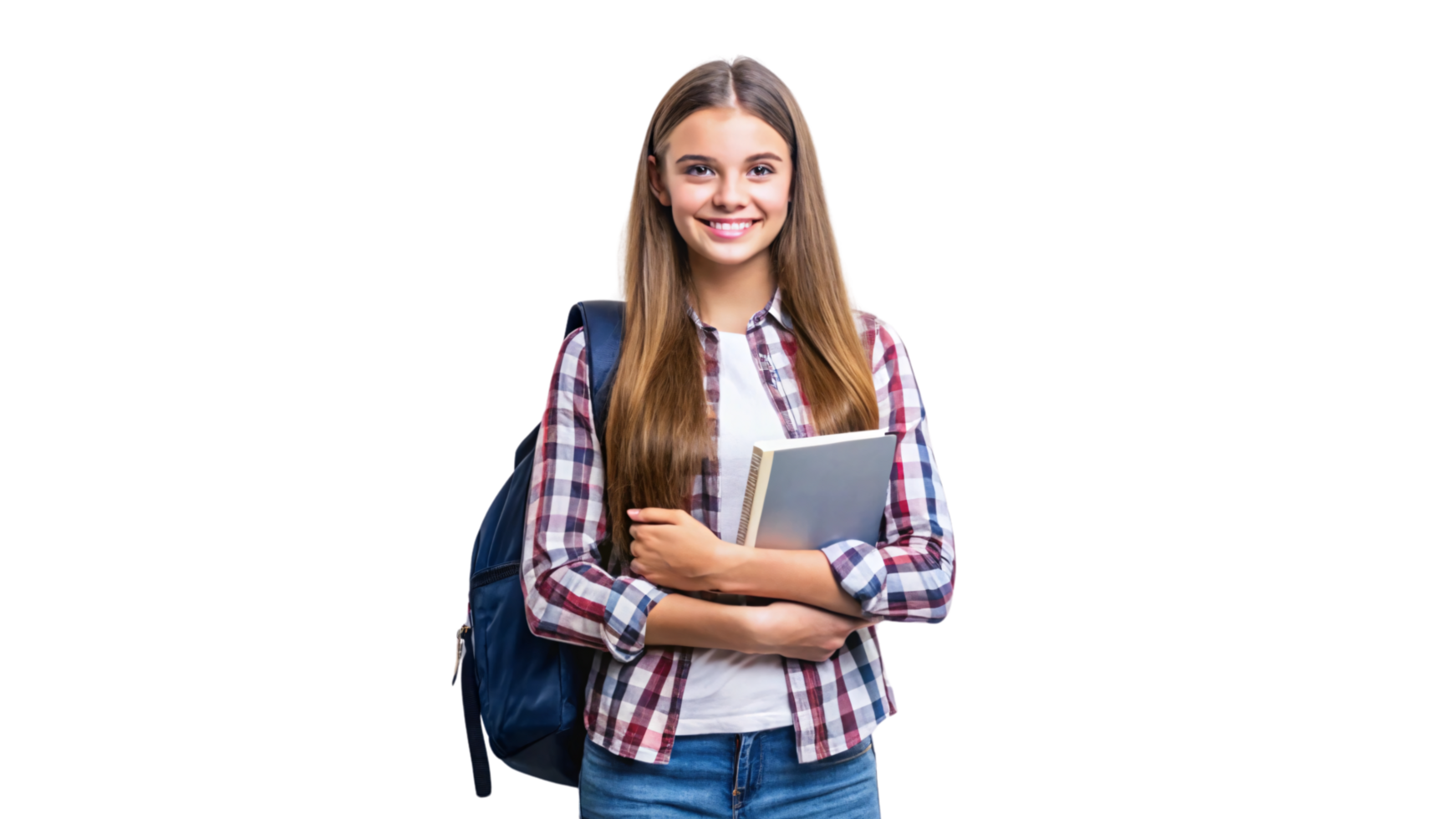 A girl in a plaid shirt with a blue backpack clutches a book, her smile conveying confidence and excitement for school adventures png