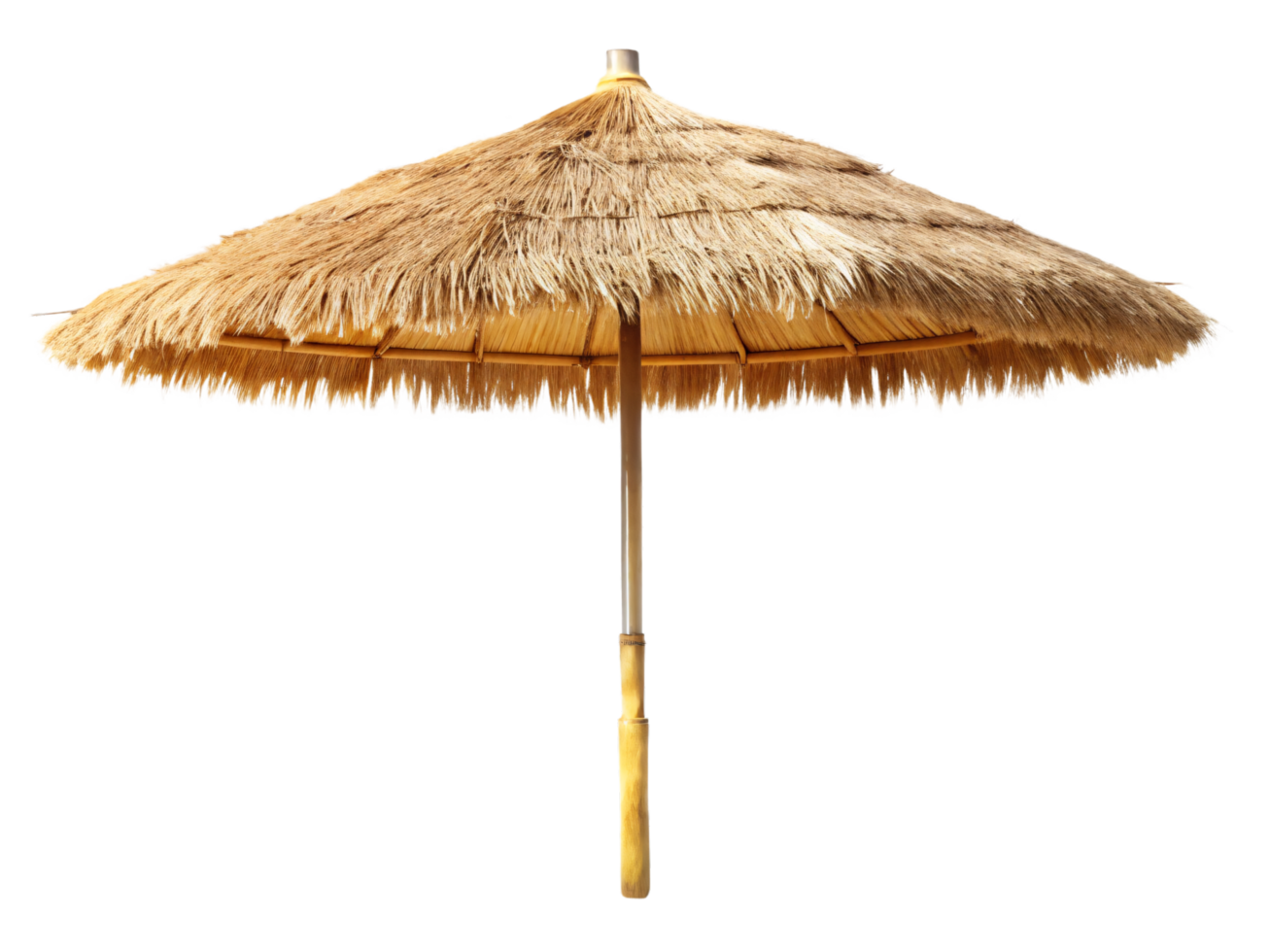 A thatched umbrella, slightly larger, enhancing the tropical ambiance, with natural textures providing a rustic, beachside feel png