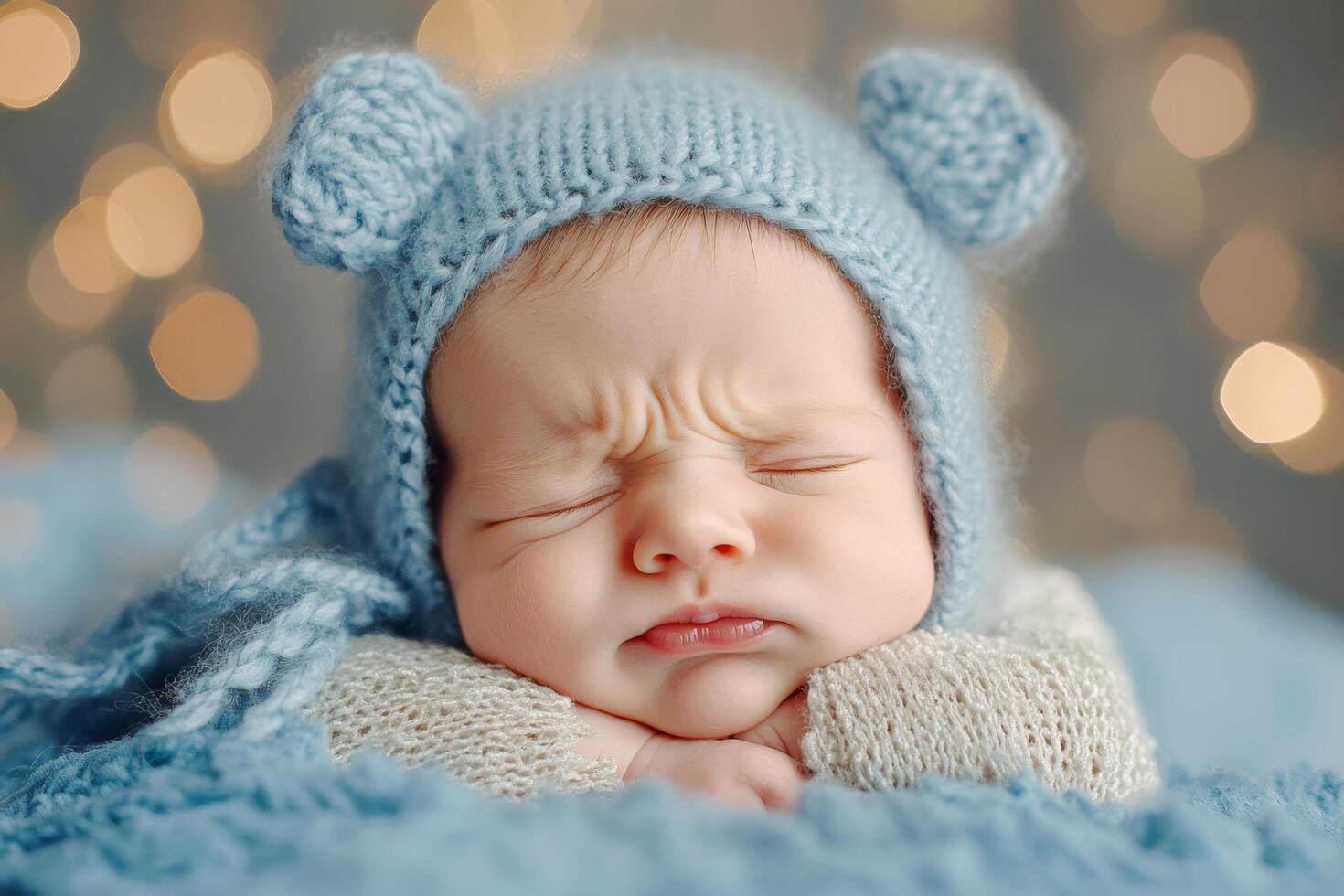 Newborn baby wearing a knitted light blue bear bonnet is sleeping peacefully with a bokeh effect in the background photo