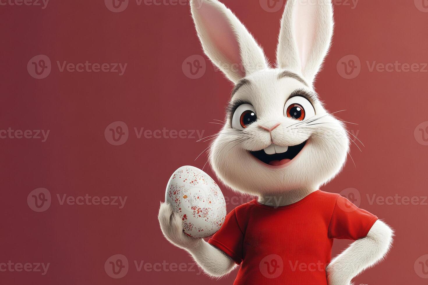adorable Easter bunny holds a brightly colored egg on a bright red background, perfect for celebrating Easter photo
