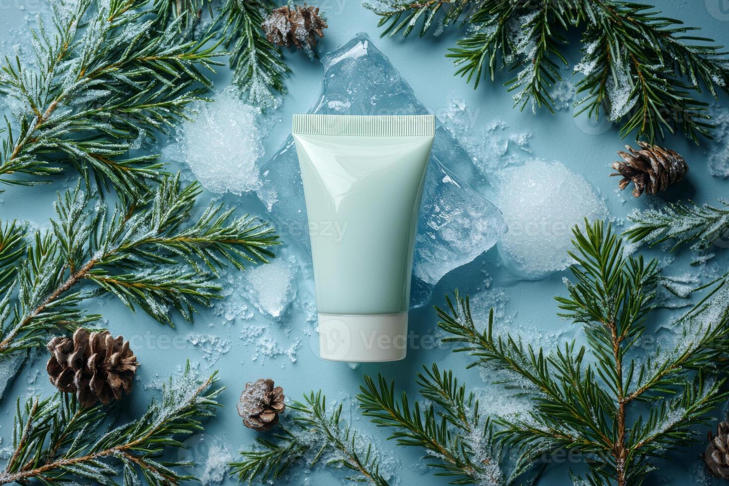 Skincare product placed on ice cubes with fir branches, showcasing its efficacy in cold climates photo