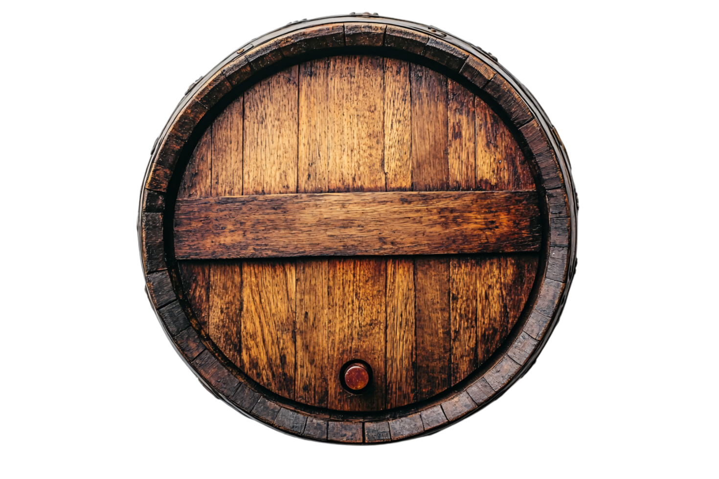 Close-up of a barrel circular end, showing wooden planks and a centered cork, giving a view of old-world craftsmanship png