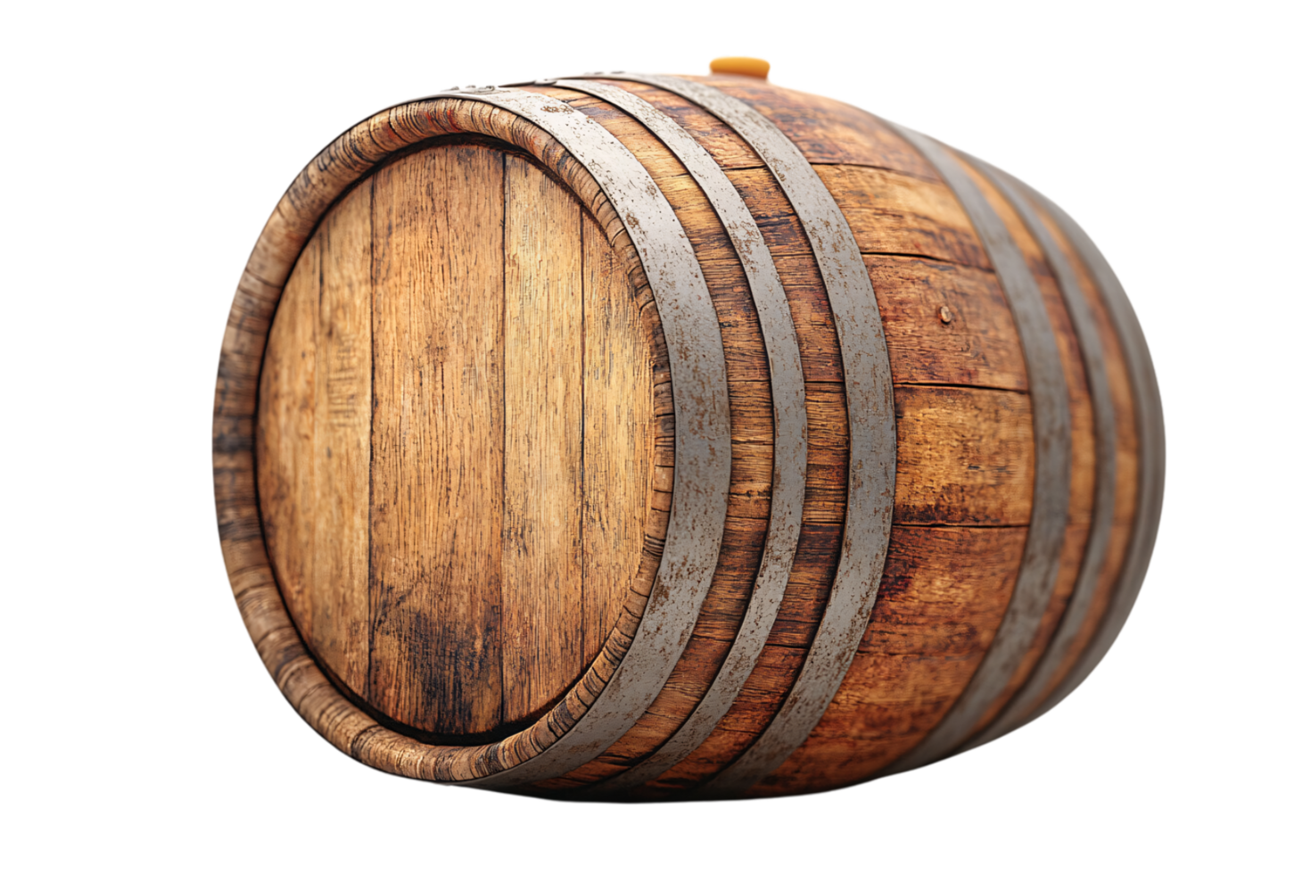 Large wooden barrel with sturdy metal bands, showcasing rustic details and emphasizing its use in traditional storage, possibly for wine or whiskey png