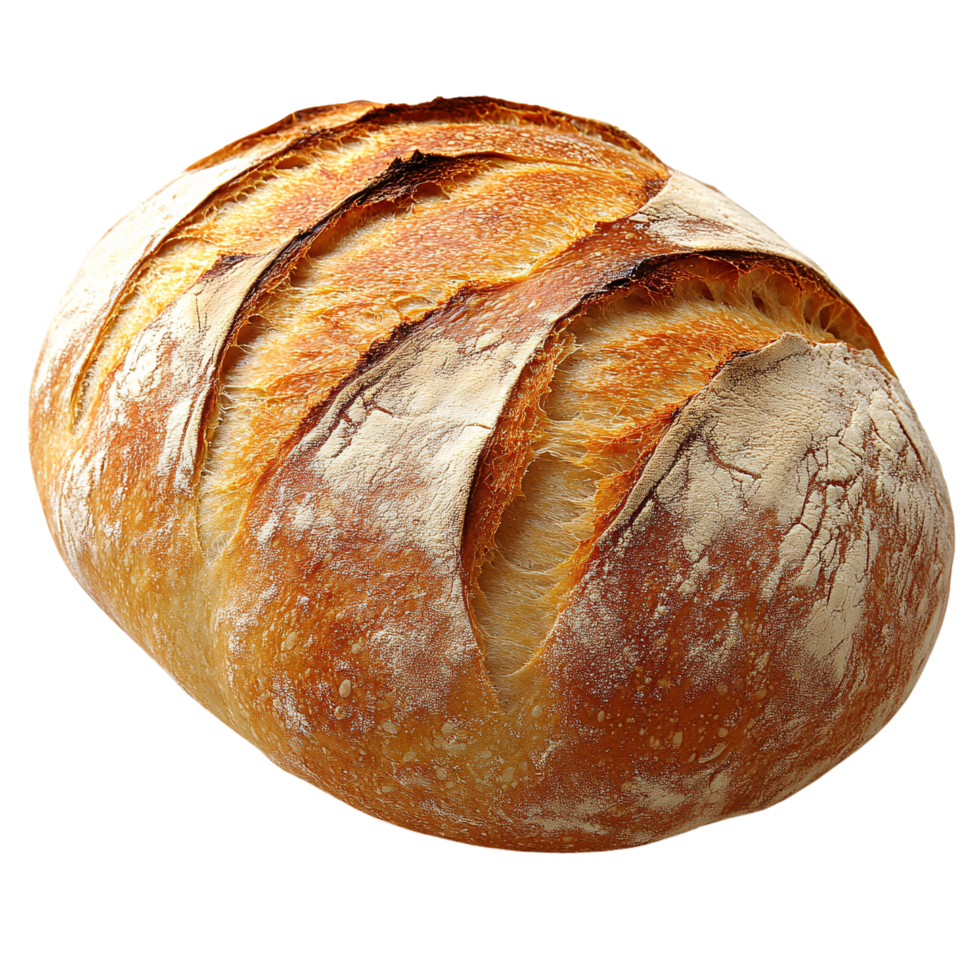 An oval-shaped sourdough bread loaf, with a deep brown crust and intricate scoring, radiating artisanal quality png