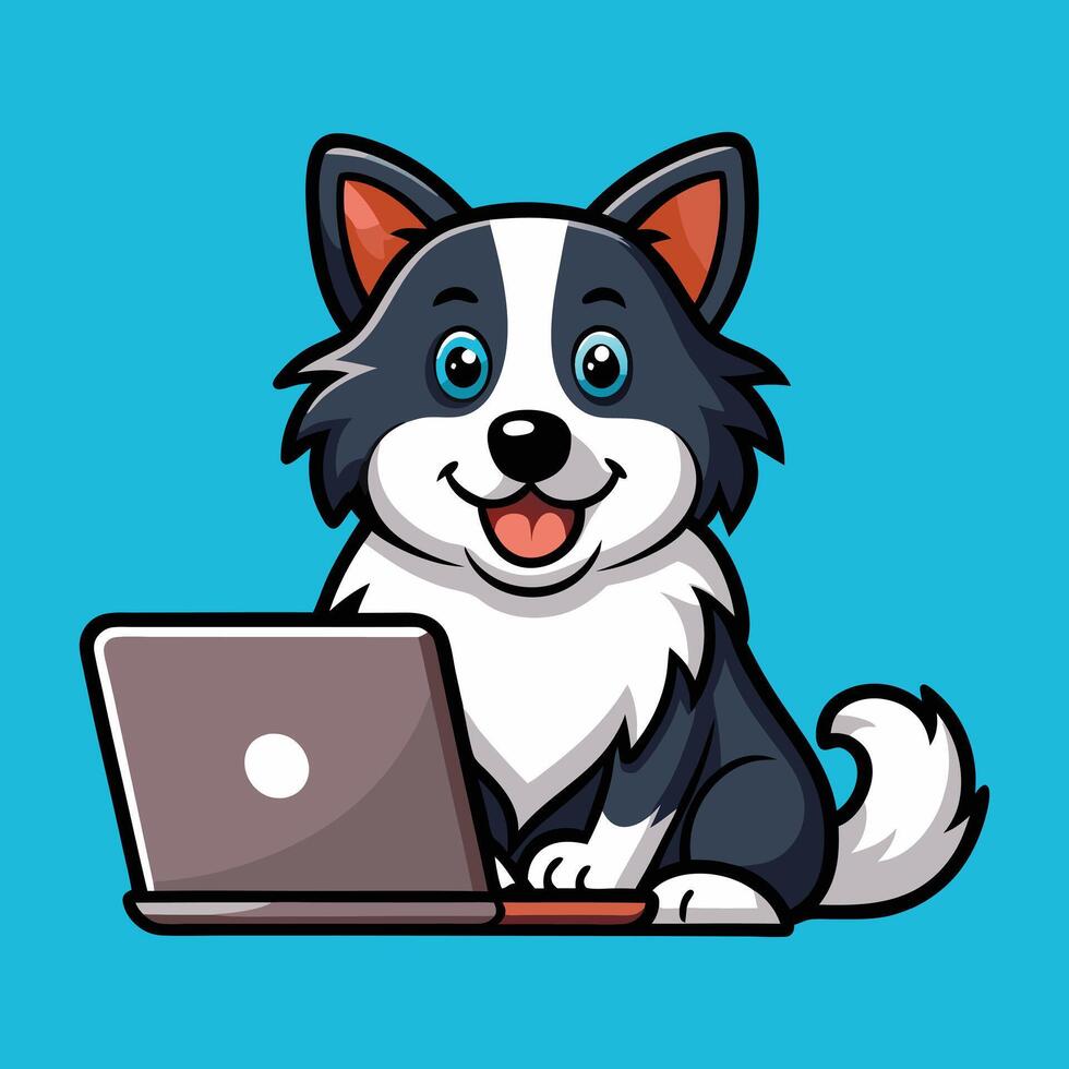 Tech Pup Cute Border Collie Working on Laptop vector