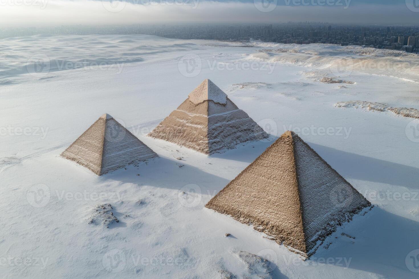 Three iconic pyramids rise above a blanket of snow, surrounded by vast desert expanse. Clouds loom overhead, creating a mystical atmosphere in this extraordinary view. photo