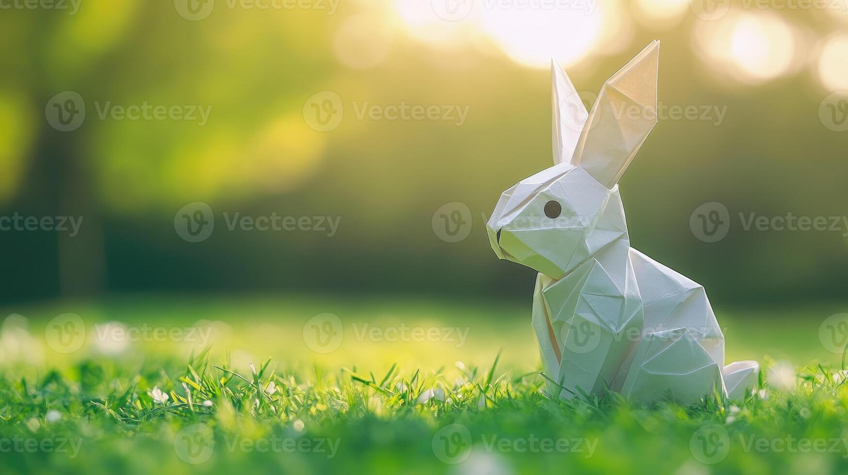 A delicate paper rabbit sits quietly among the lush green grass in a sunlit meadow. The soft sunlight casts a warm glow, enhancing the overall tranquil atmosphere photo