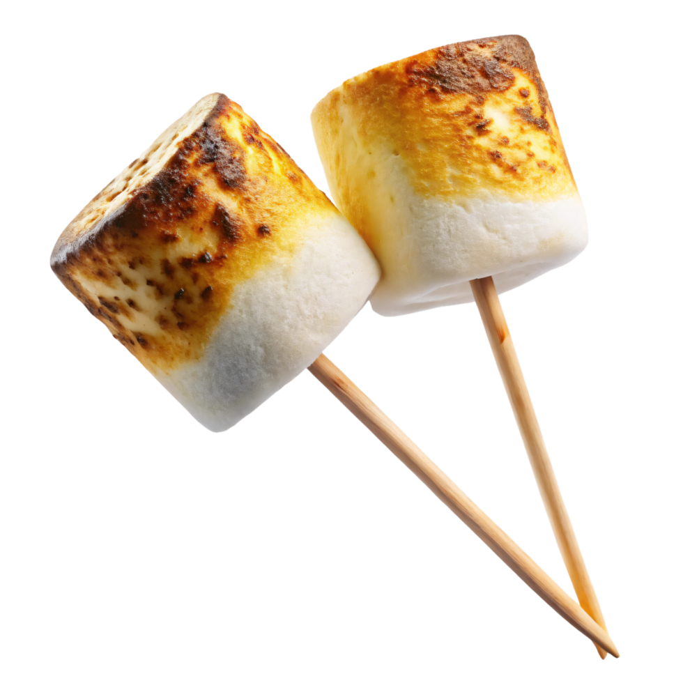 A pair of marshmallows, toasted evenly with brown spots, on sticks, showcasing their fluffy, melted centers and satisfying campfire appeal png