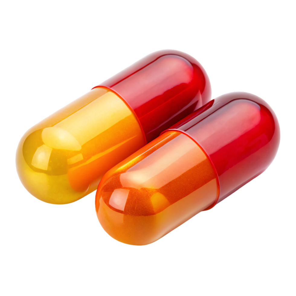 Two capsules in red and orange tones, with a glossy, reflective finish, evoking a sense of vitality and modern medicine design png