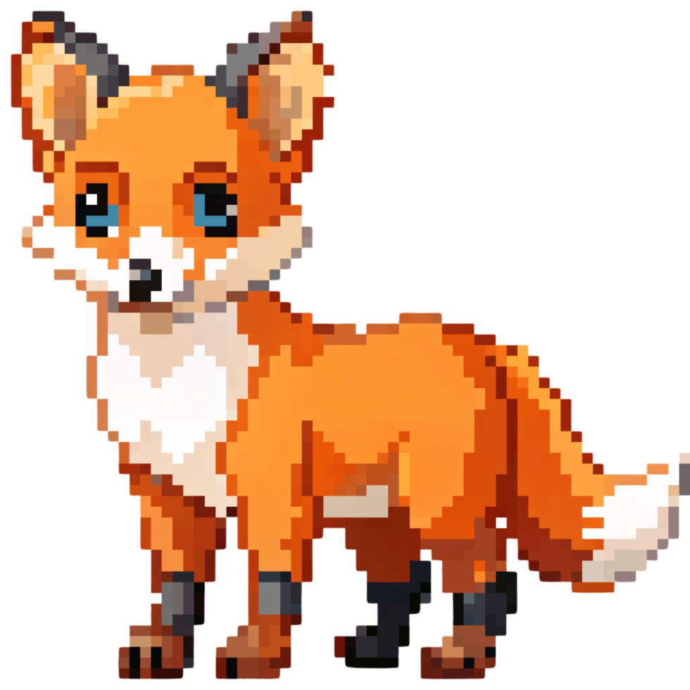 Pixel art fox with bright blue eyes, orange fur, and a white belly, showcasing a cute, retro-inspired digital character png