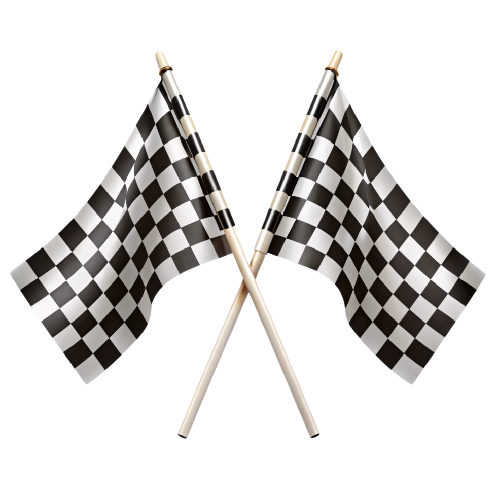 Two crossed black-and-white checkered flags, symbolizing a racing finish line, with sturdy wooden handles, conveying energy and triumph png