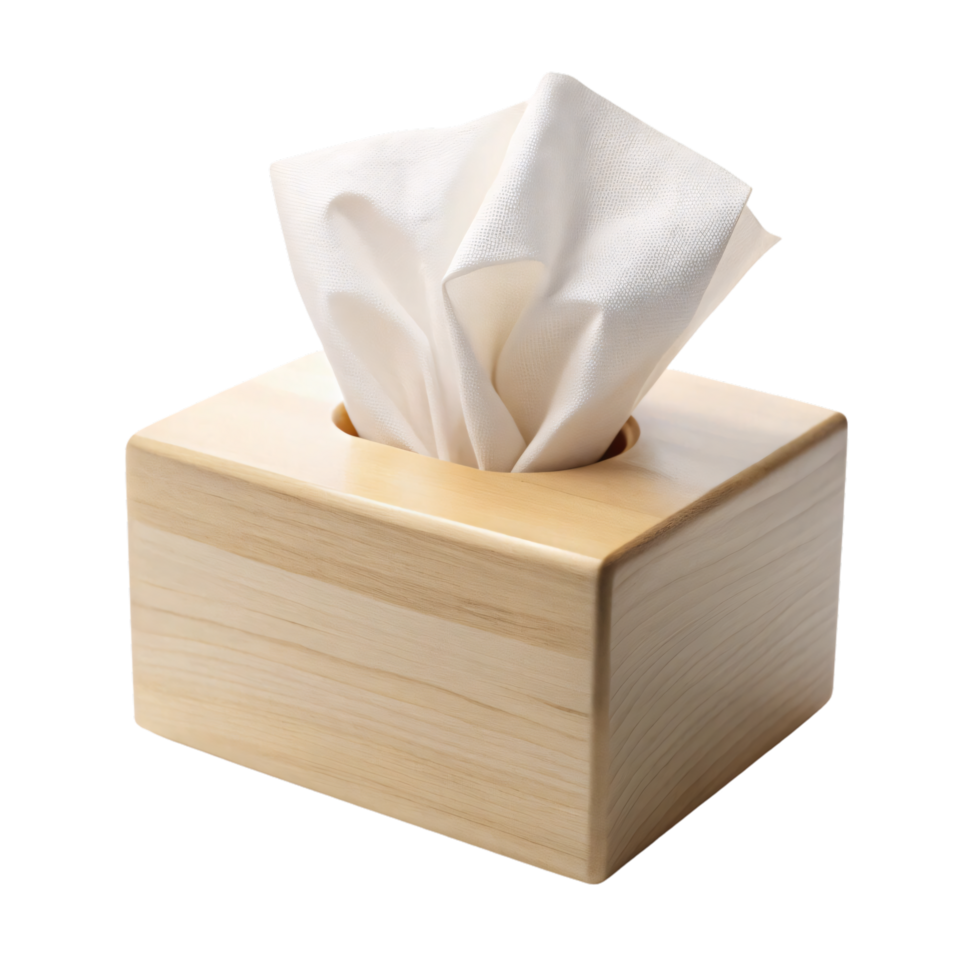 A simple wooden tissue box with a sleek, natural finish, holding a white tissue protruding elegantly, capturing a minimalist and functional design png