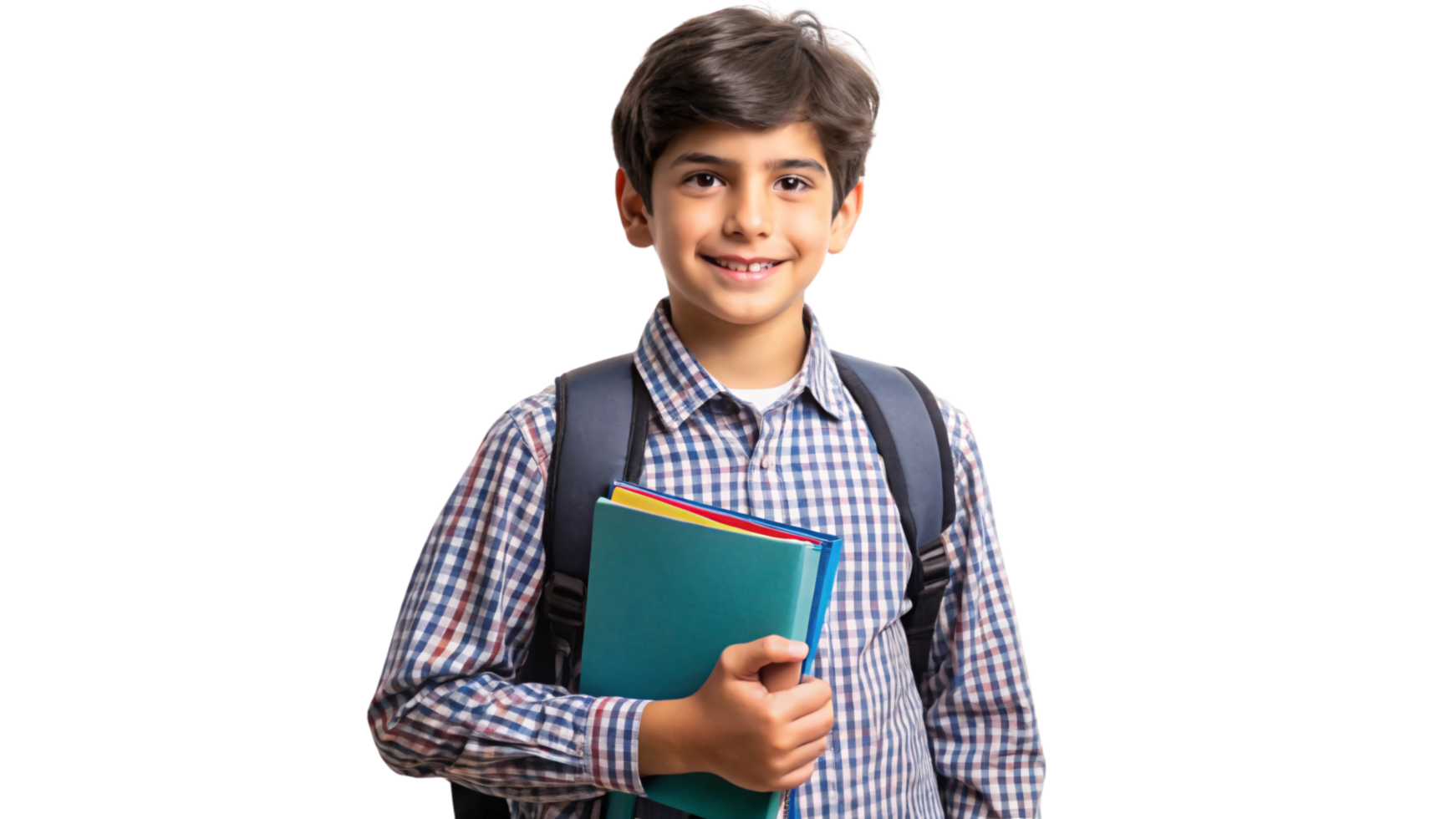 A young boy in a plaid shirt and backpack holds colorful folders, looking cheerful, symbolizing school readiness and a spirit of curiosity png