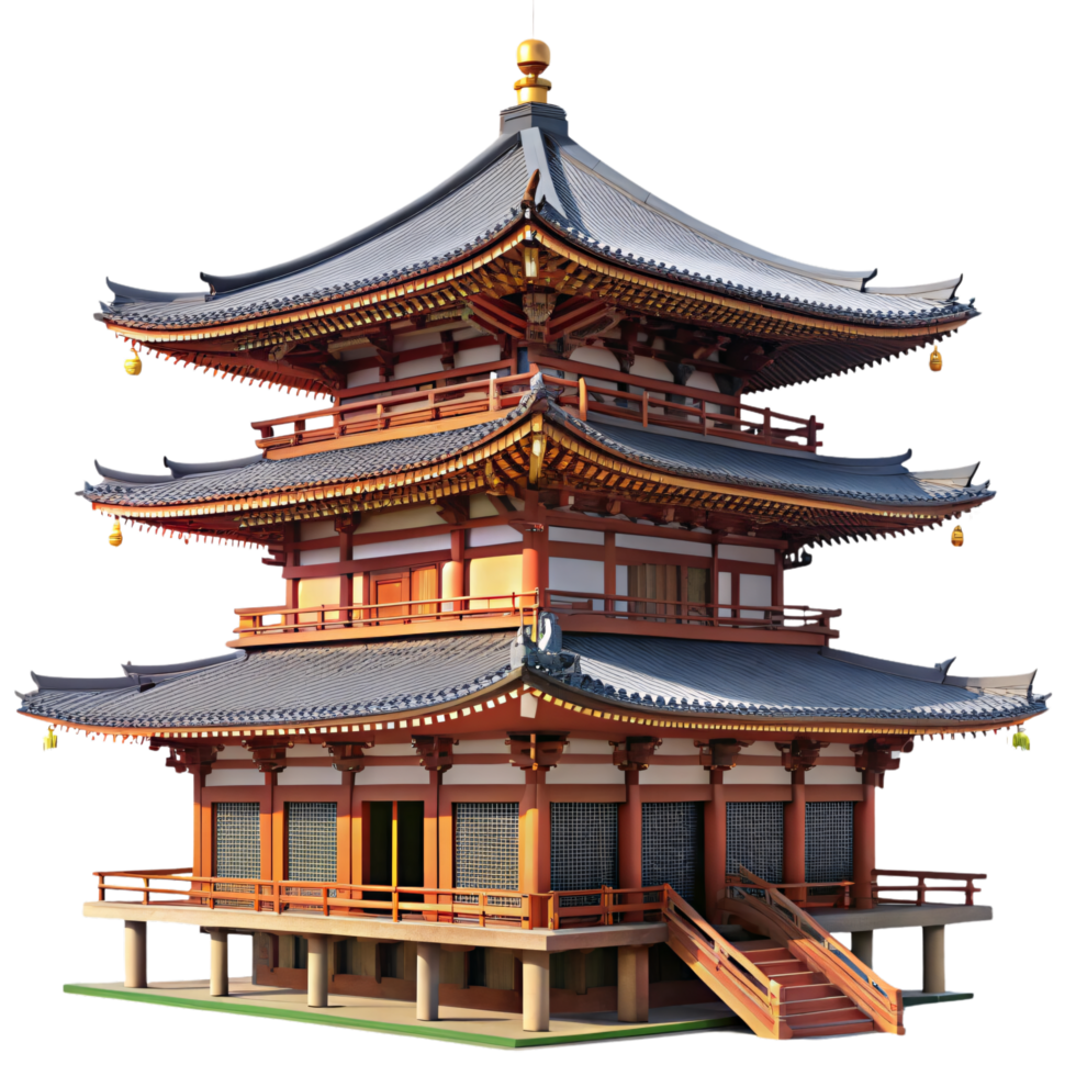 A traditional Japanese pagoda with intricate wooden details, tiered rooftops, and red accents, exemplifying classic Eastern architecture png