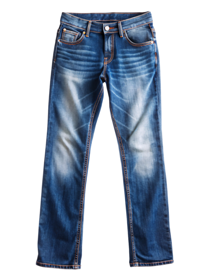 A pair of classic blue jeans with light distressing, adding a casual, worn-in look perfect for relaxed, everyday style png