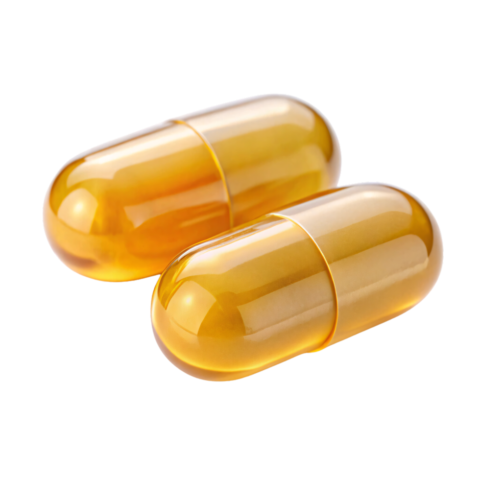 Two translucent golden capsules with a shiny, glossy surface, encapsulating a rich, amber-colored liquid, resembling health supplements or vitamins png