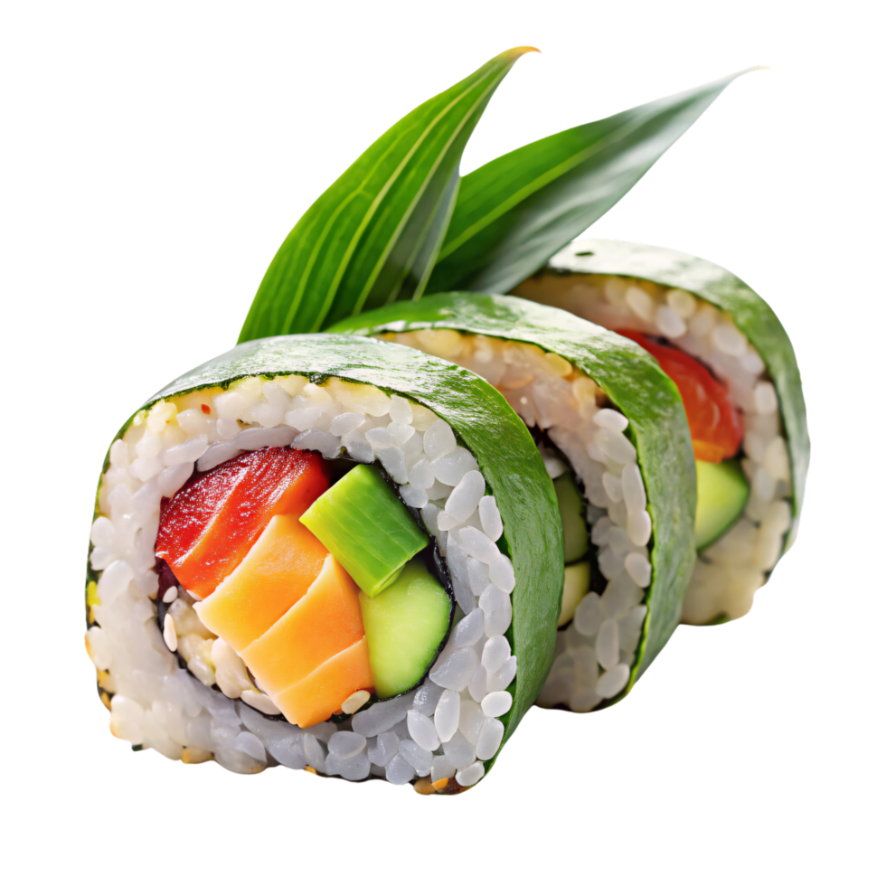 Trio of sushi rolls wrapped in leafy greens, featuring fresh ingredients like cucumber and salmon, garnished with a decorative leaf png