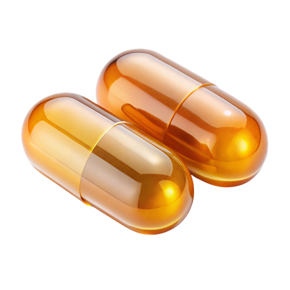 Two shiny, translucent orange capsules, reflecting light beautifully, with a smooth and glossy surface, suggesting health or energy supplements png