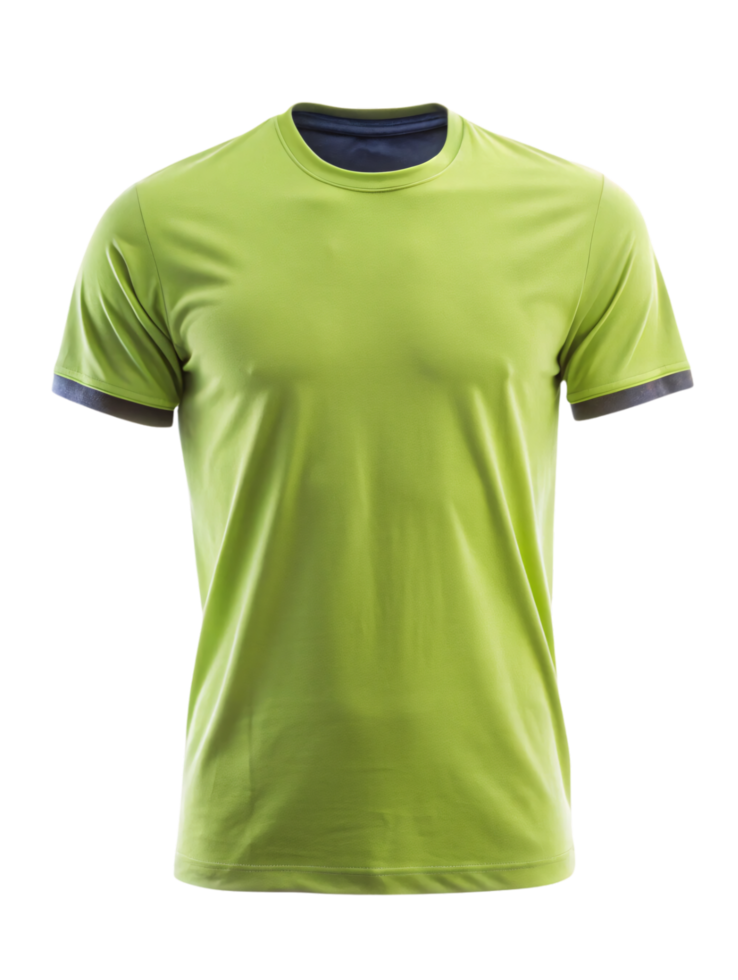 A lime green t-shirt with a soft fabric texture and gray inner lining around the neckline and sleeves, suggesting casual comfort png